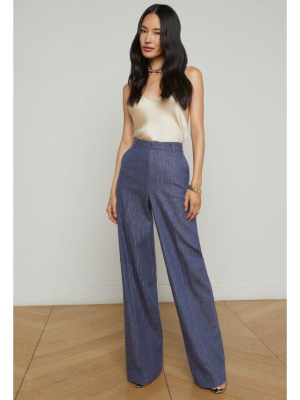 L'Agence Livvy Blue Gold Metallic Pinstripe Straight-Leg Trousers Pants 12 NWT